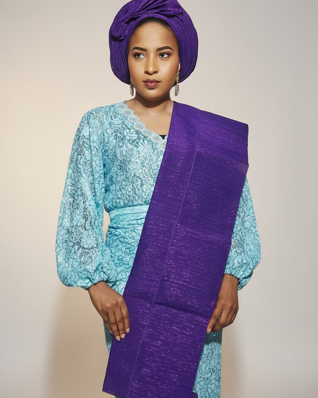 Foulard nigérian prénoué Aso Oké -  Violet