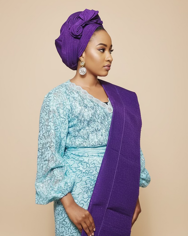 Foulard nigérian prénoué Aso Oké -  Violet