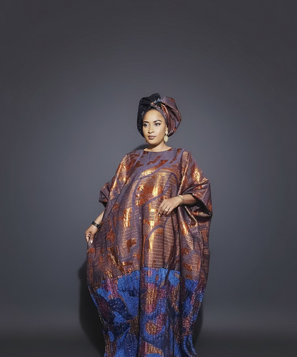 Boubou brocart plissé damask - Orange bleu