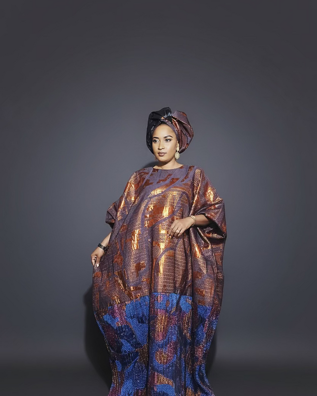 Boubou brocart plissé damask - Orange bleu