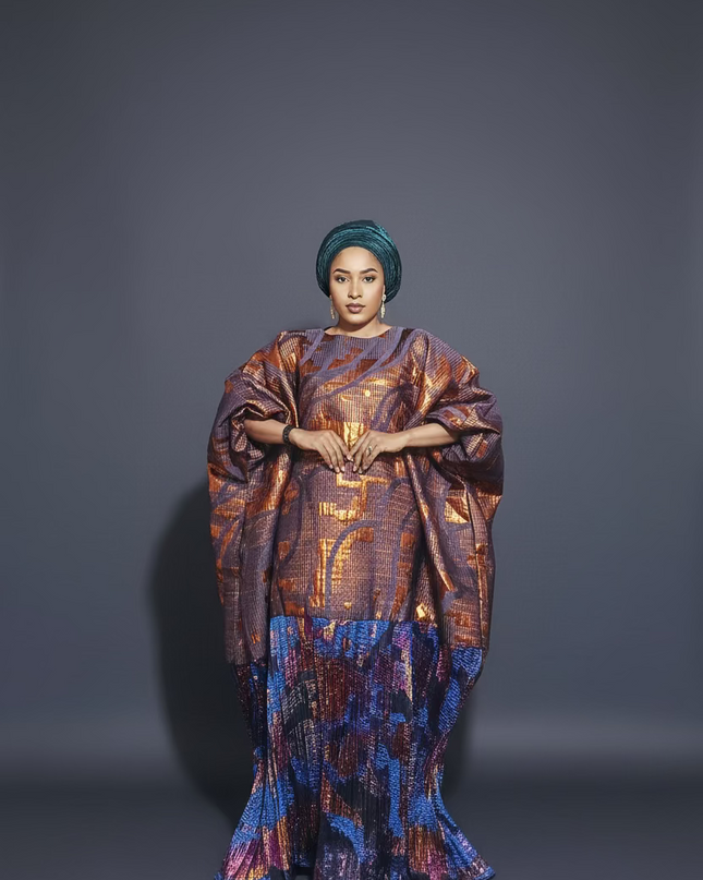 Boubou brocart plissé damask - Orange bleu