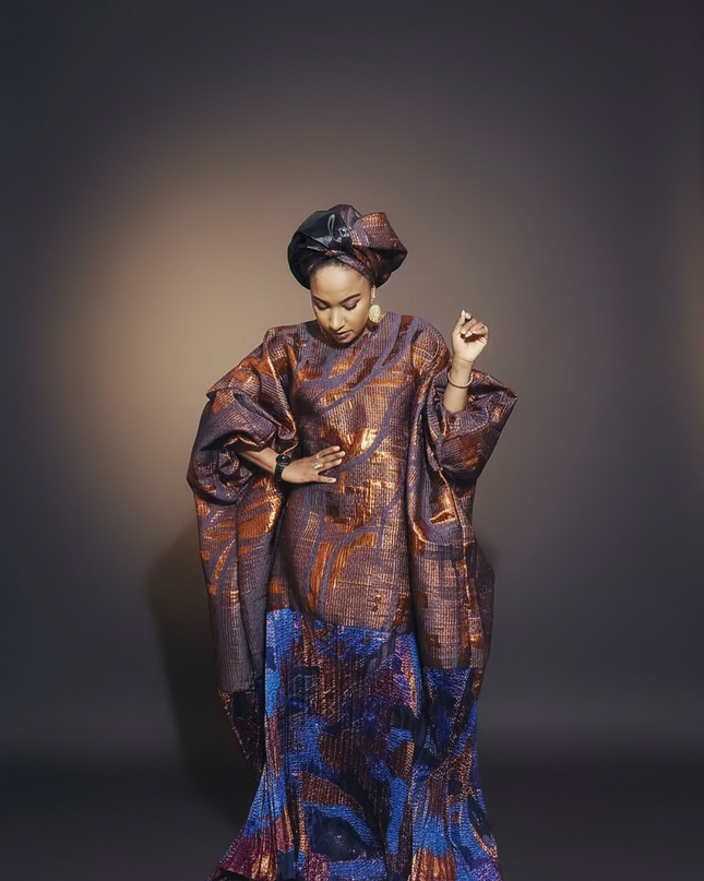 Boubou brocart plissé damask - Orange bleu
