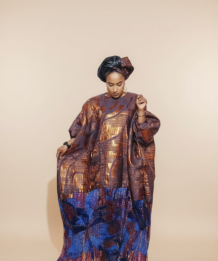 Boubou brocart plissé damask - Orange bleu