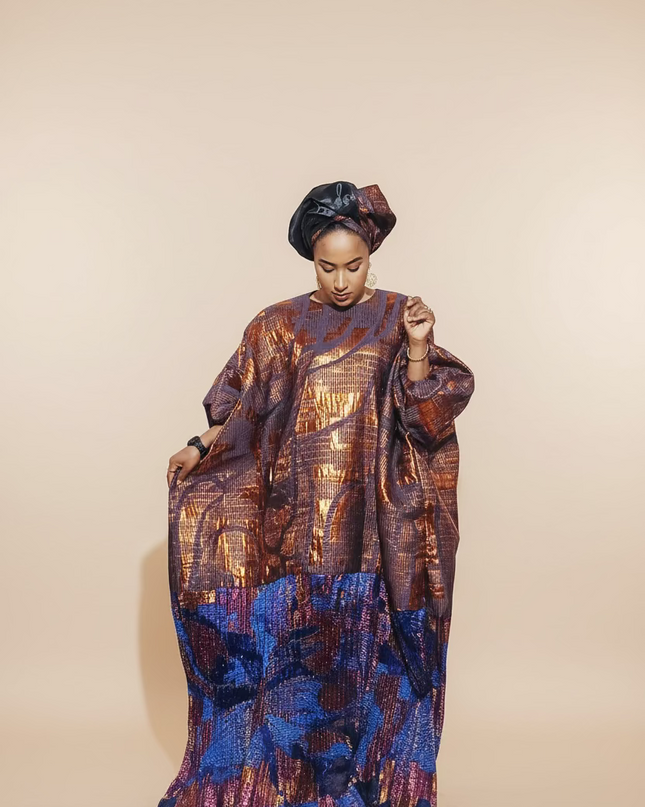 Boubou brocart plissé damask - Orange bleu