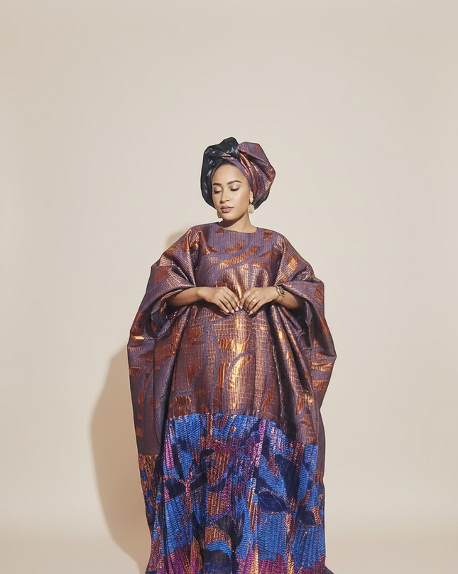 Boubou brocart plissé damask - Orange bleu