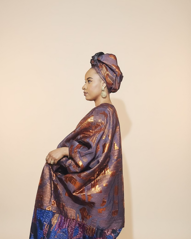 Boubou brocart plissé damask - Orange bleu