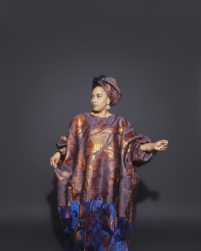 Boubou brocart plissé damask - Orange bleu
