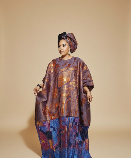 Boubou brocart plissé damask - Orange bleu