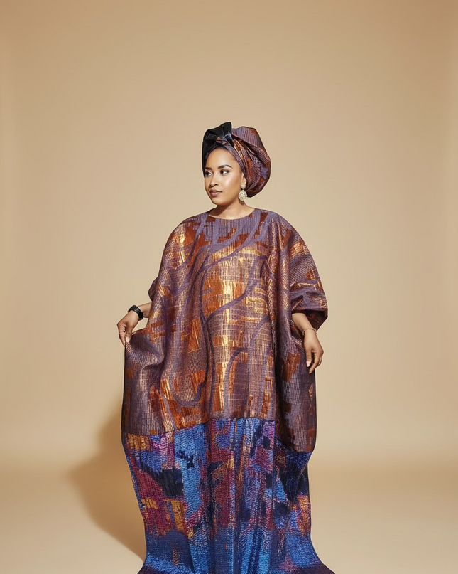 Boubou brocart plissé damask - Orange bleu