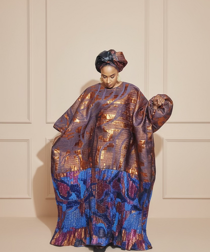 Boubou brocart plissé damask - Orange bleu