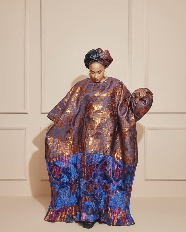Boubou brocart plissé damask - Orange bleu