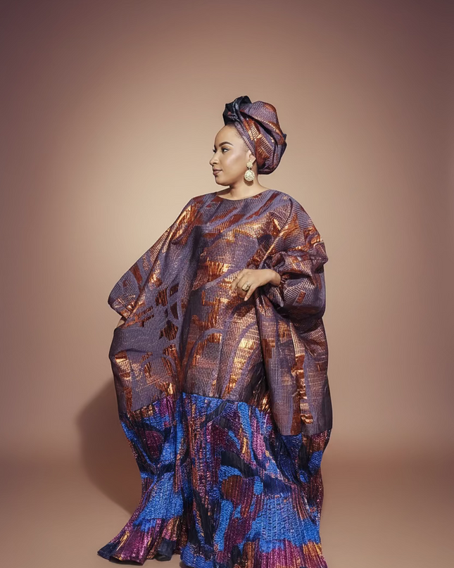 Boubou brocart plissé damask - Orange bleu
