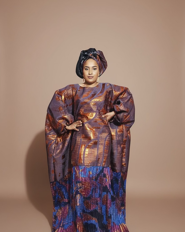 Boubou brocart plissé damask - Orange bleu