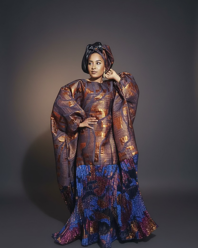 Boubou brocart plissé damask - Orange bleu