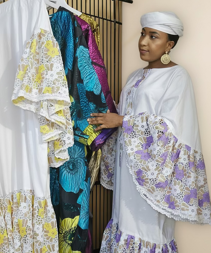 Kaftan bazin dentelle fatim   - Mauve