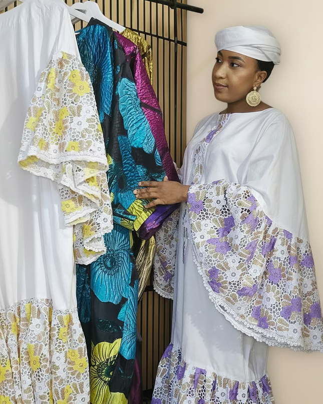 Kaftan bazin dentelle fatim   - Mauve