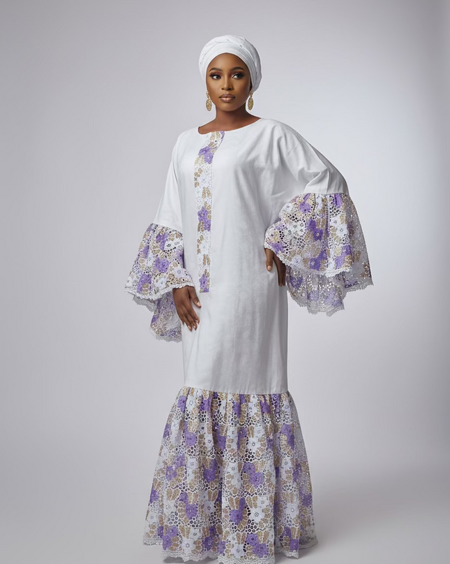 Kaftan bazin dentelle fatim   - Mauve