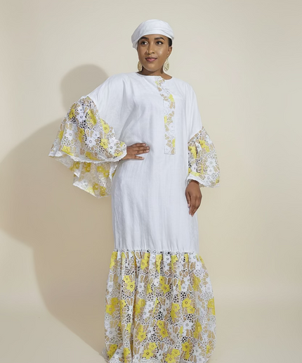 Kaftan bazin dentelle fatim   - Jaune