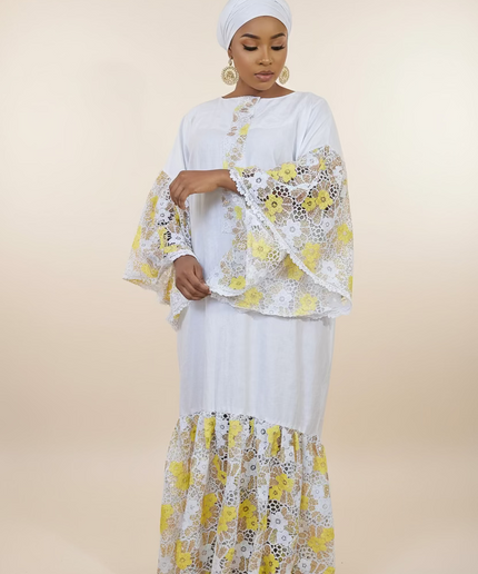 Kaftan bazin dentelle fatim   - Jaune