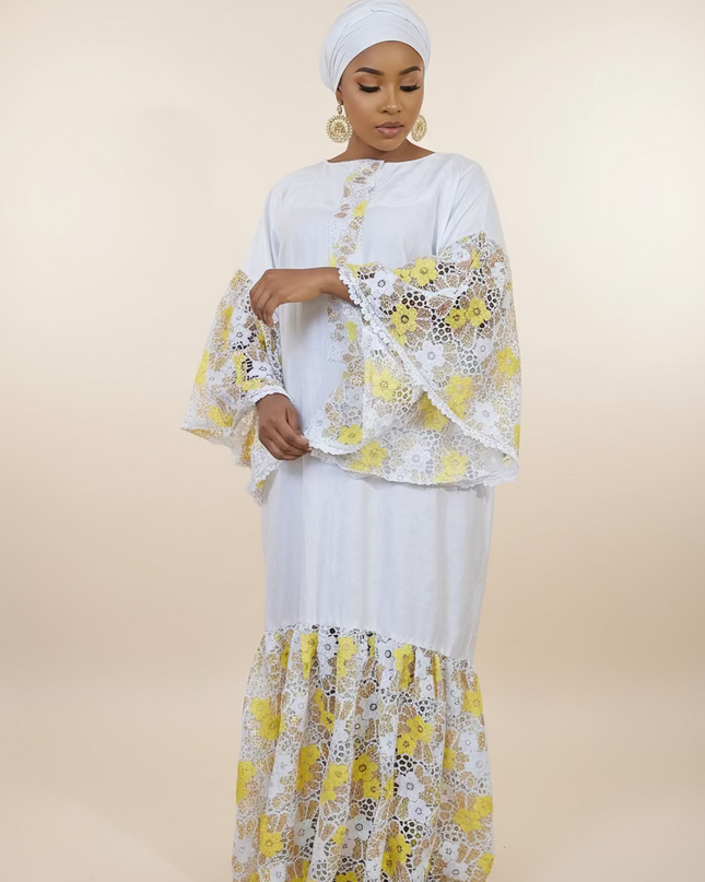 Kaftan bazin dentelle fatim   - Jaune