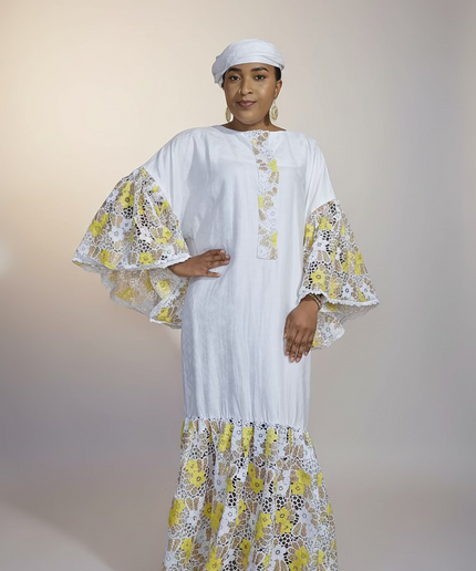 Kaftan bazin dentelle fatim   - Jaune