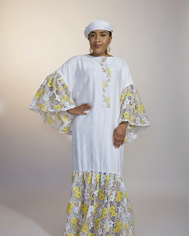 Kaftan bazin dentelle fatim   - Jaune
