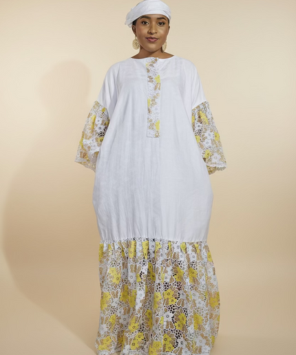 Kaftan bazin dentelle fatim   - Jaune