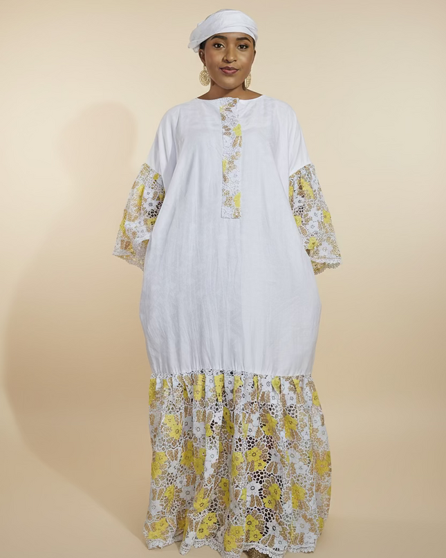 Kaftan bazin dentelle fatim   - Jaune