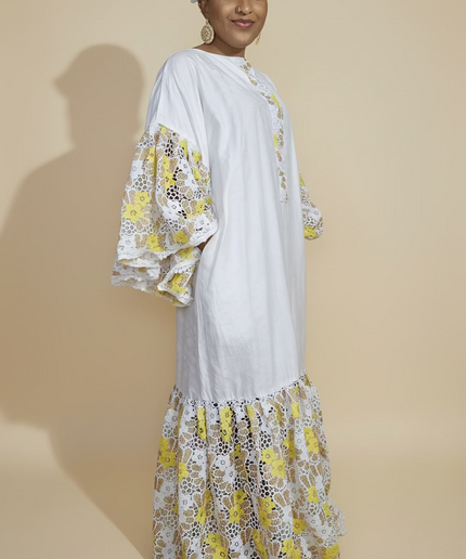 Kaftan bazin dentelle fatim   - Jaune