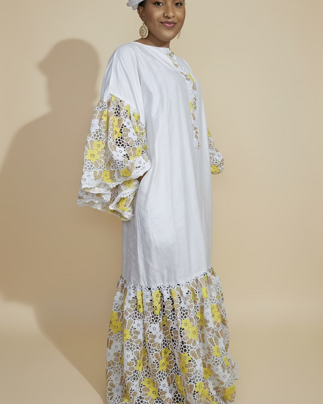 Kaftan bazin dentelle fatim   - Jaune