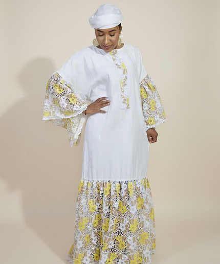 Kaftan bazin dentelle fatim   - Jaune