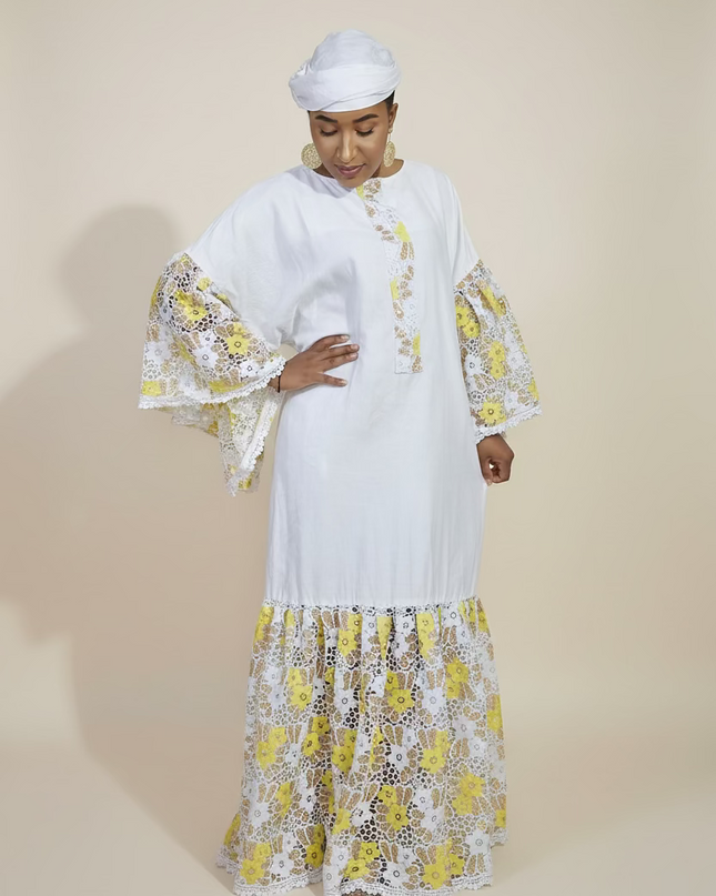 Kaftan bazin dentelle fatim   - Jaune
