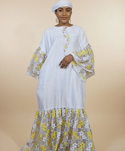 Kaftan bazin dentelle fatim   - Jaune