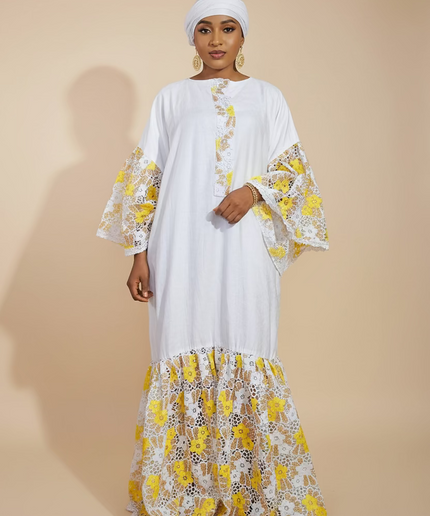 Kaftan bazin dentelle fatim   - Jaune