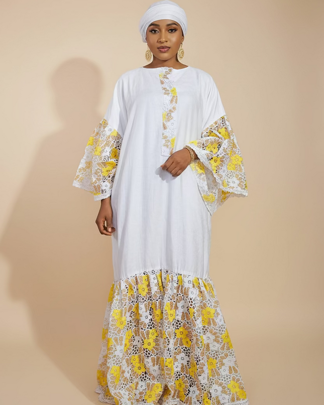 Kaftan bazin dentelle fatim   - Jaune