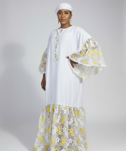 Kaftan bazin dentelle fatim   - Jaune