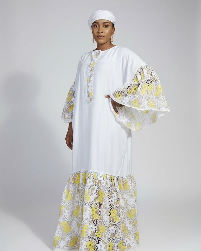 Kaftan bazin dentelle fatim   - Jaune
