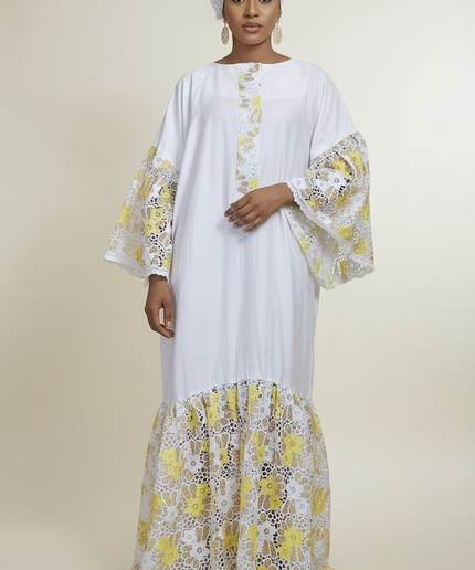 Kaftan bazin dentelle fatim   - Jaune