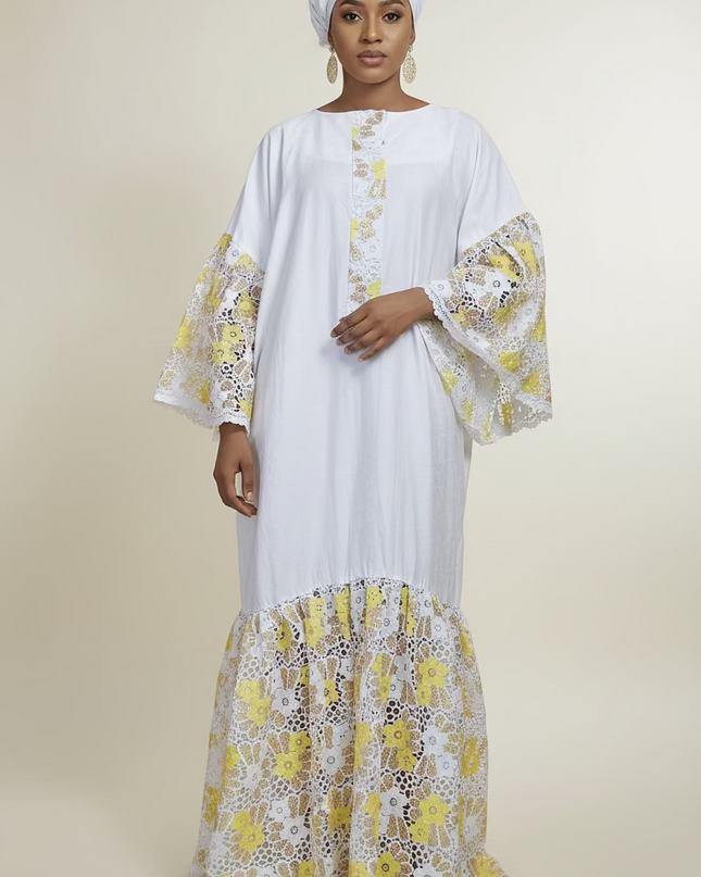 Kaftan bazin dentelle fatim   - Jaune