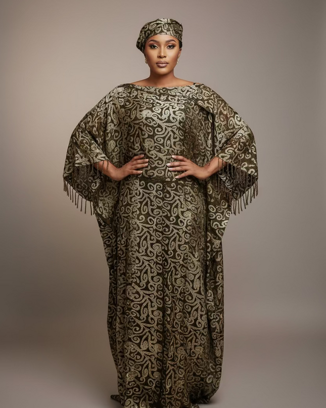 Boubou adire dempé perlé ibidun - Marron