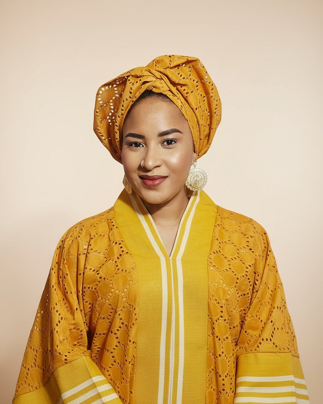 Robe morenike dentelle aso oke - Jaune moutarde