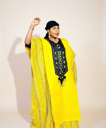 Boubou aso oke lobaloba brodé - Jaune