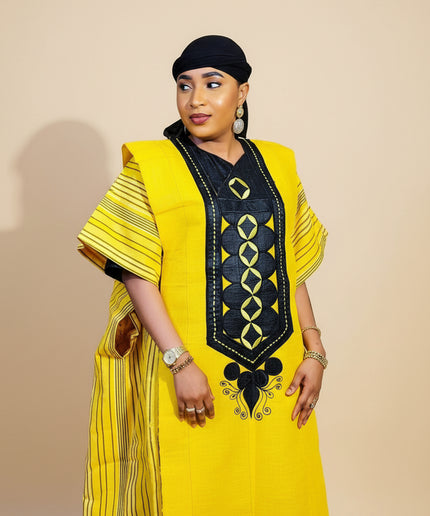 Boubou aso oke lobaloba brodé - Jaune
