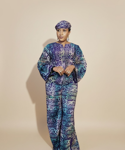 Ensemble pantalon adire bewaji - bleu violet