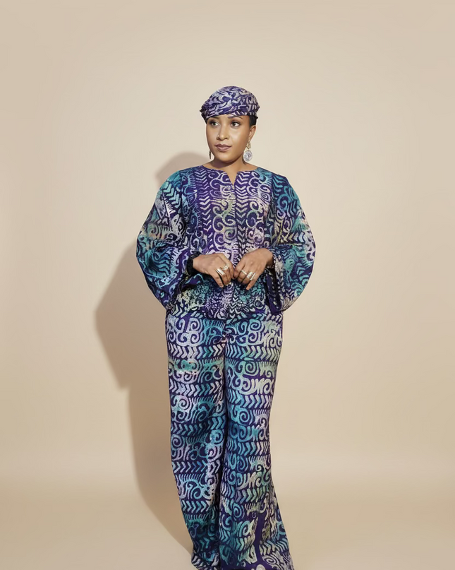 Ensemble pantalon adire bewaji - bleu violet