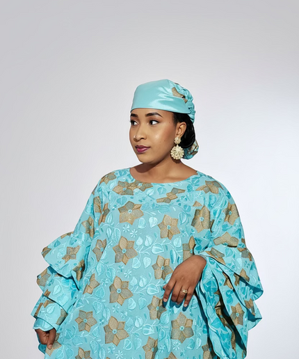 Robe dentelle en manches flûte - Turquoise