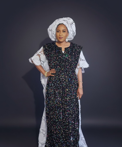 Robe africaine dentelle velours pailleté  - Blanc