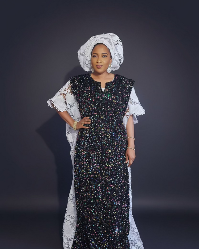 Robe africaine dentelle velours pailleté  - Blanc
