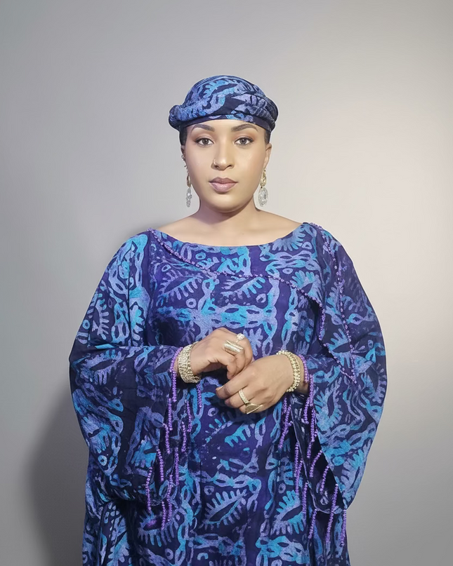 Boubou adire dempé perlé motunrayo - Bleu nuit