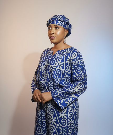 Ensemble pantalon adire folakemi - Bleu blanc